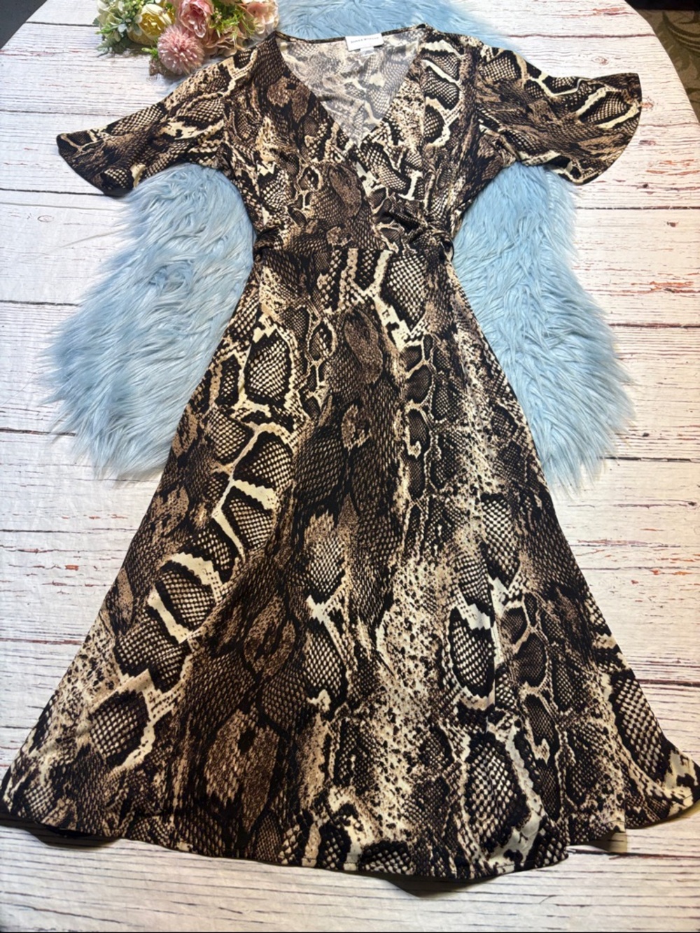 Donna Morgan Brown and Cream Snake Print Wrap Dress PLUS SIZE